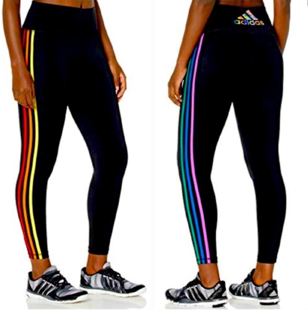 Adidas Pride BT Tights Black Rainbow Stripe High Rise Leggings Medium